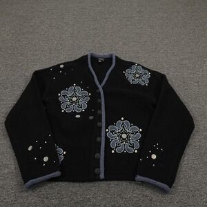 CoVelo Sweater Cardigan Womens Small Black Blue Embroidered Button Front Wool